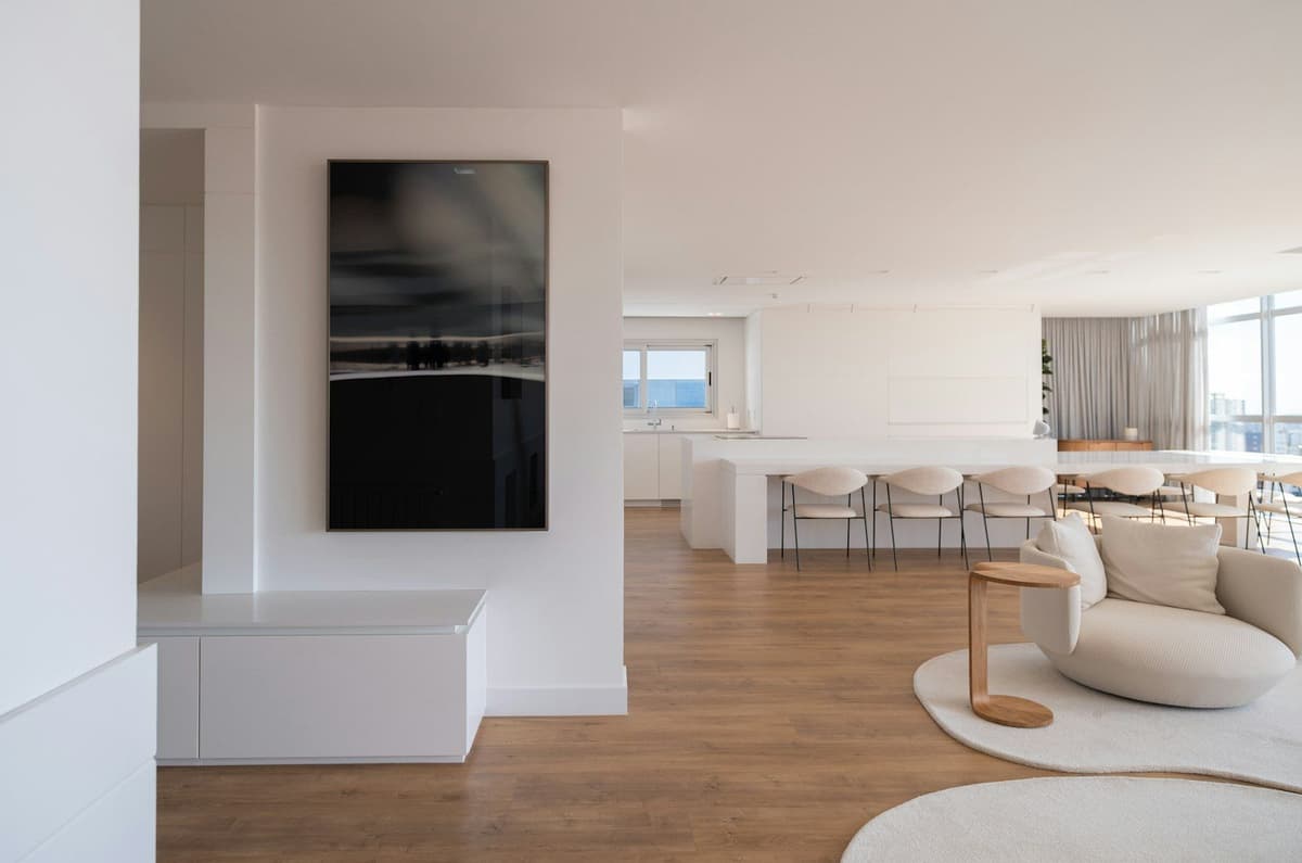 Modern living room with abstract art and minimalist furniture